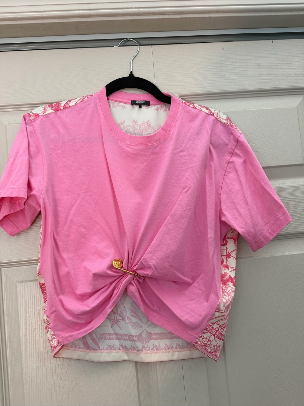 Versace Pink Knot-Front Tee with Gold Medallion
